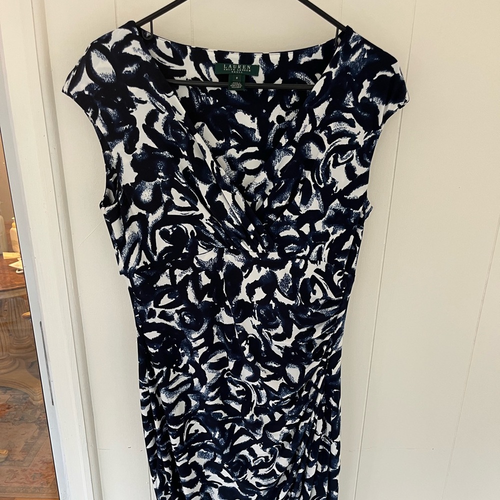 Ralph Lauren Navy and White Printed Cap-Sleeve Midi Dress